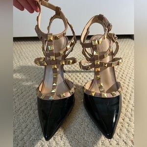 BCBG black and tan high heels with rhinestones size 8.5